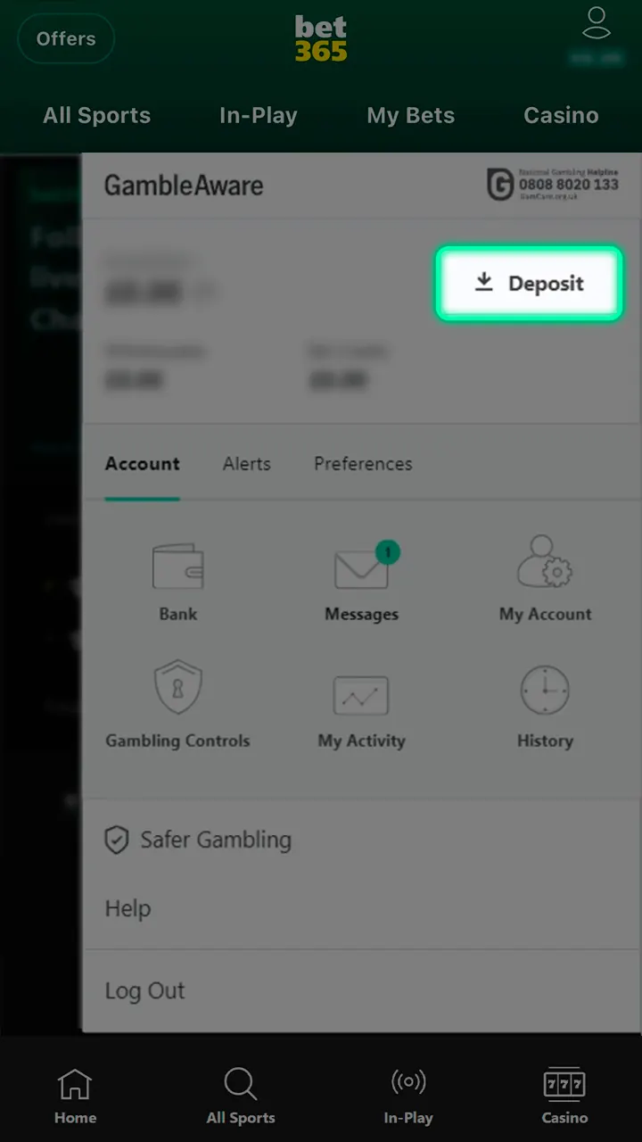 Fund your account to start betting on Bet365.