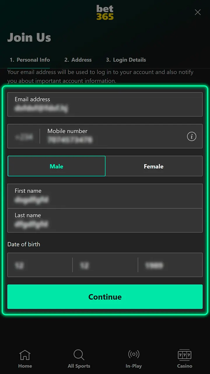 Enter your basic information to set up your Bet365 profile.