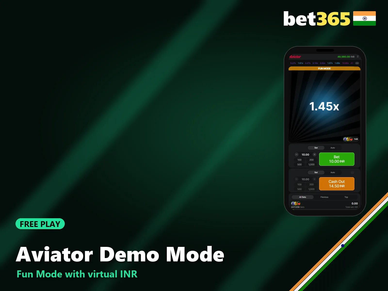 Aviator demo mode with a virtual INR balance at Bet365.