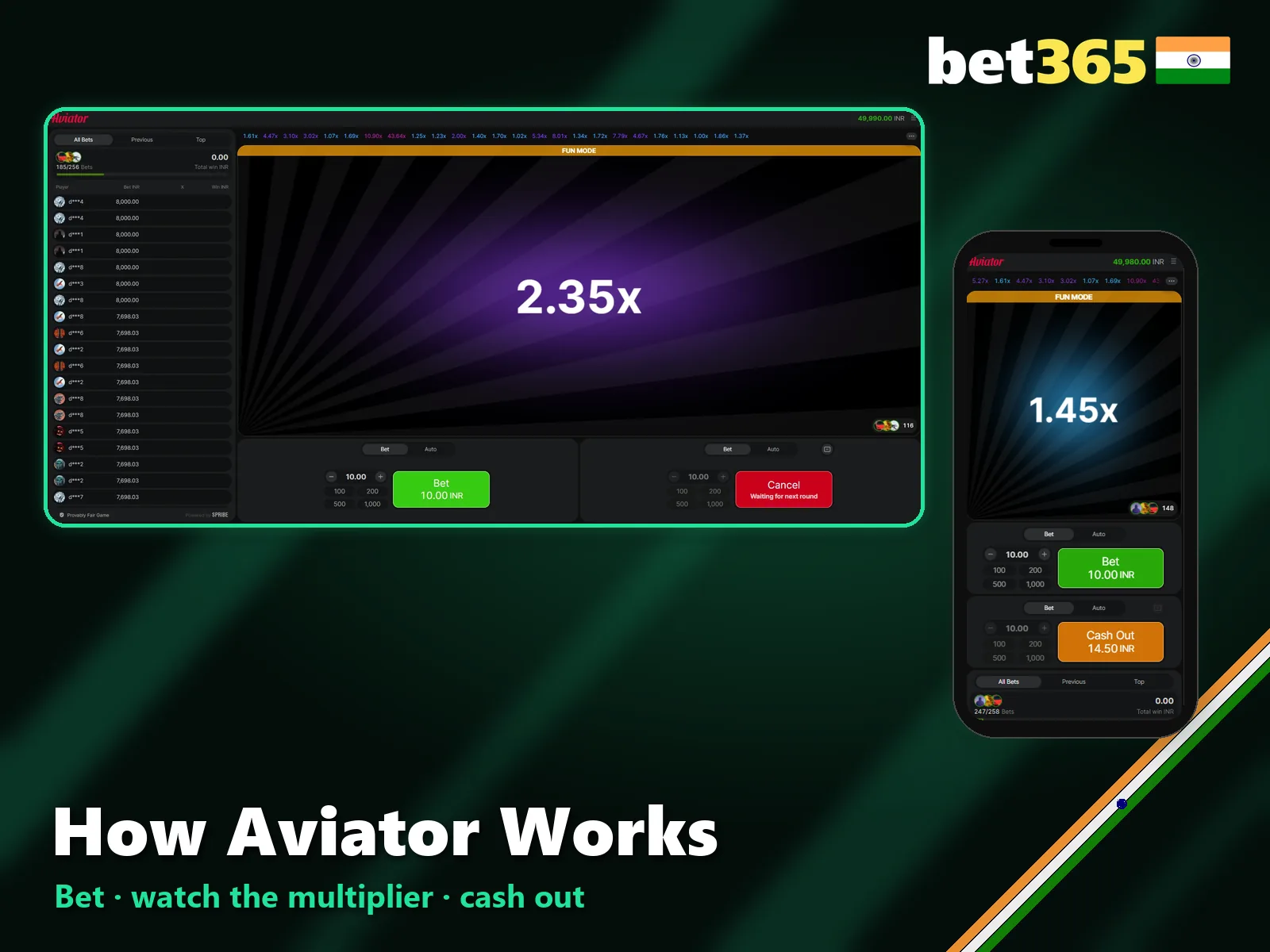 How a round of Aviator works at Bet365: bet, watch the multiplier and cash out.