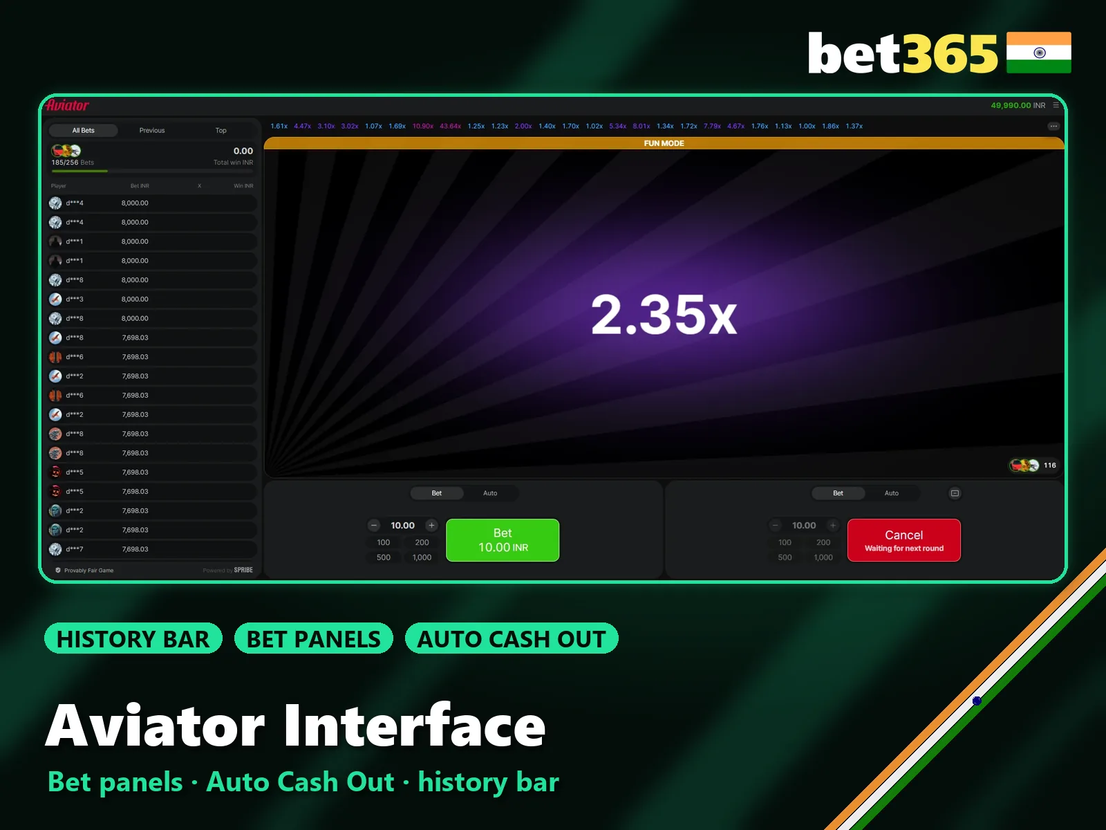 Aviator game interface at Bet365 with bet panels and multiplier history.