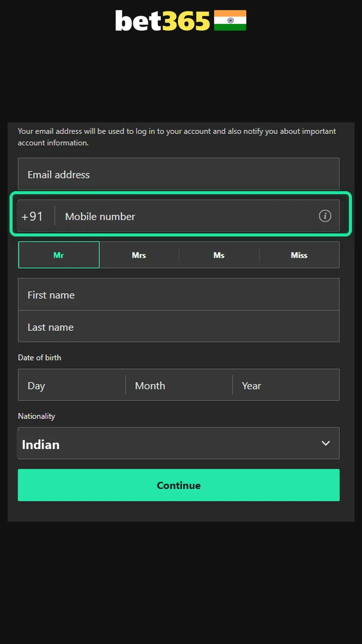 Open the Bet365 registration form to start playing Aviator.