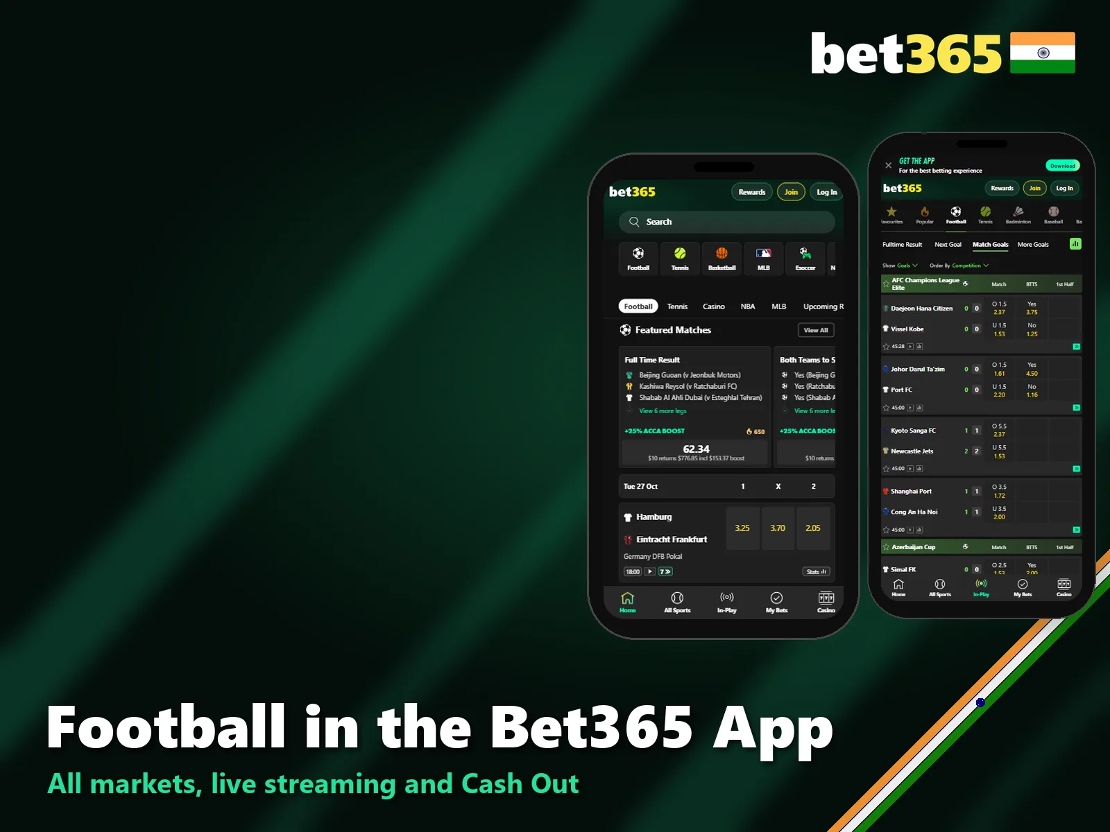 Football betting in the Bet365 app for Indian players.