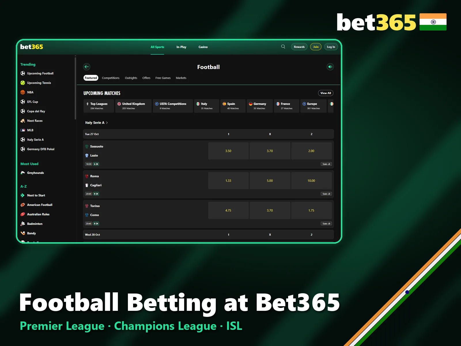 Football betting section at Bet365 India with upcoming matches.