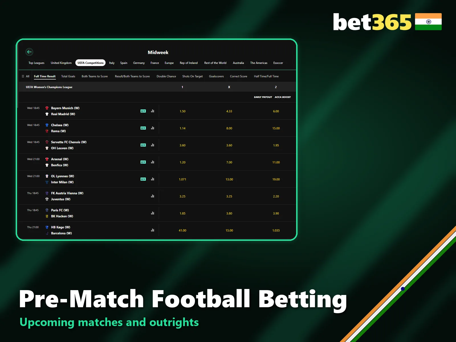 Pre-match football markets for upcoming matches at Bet365.