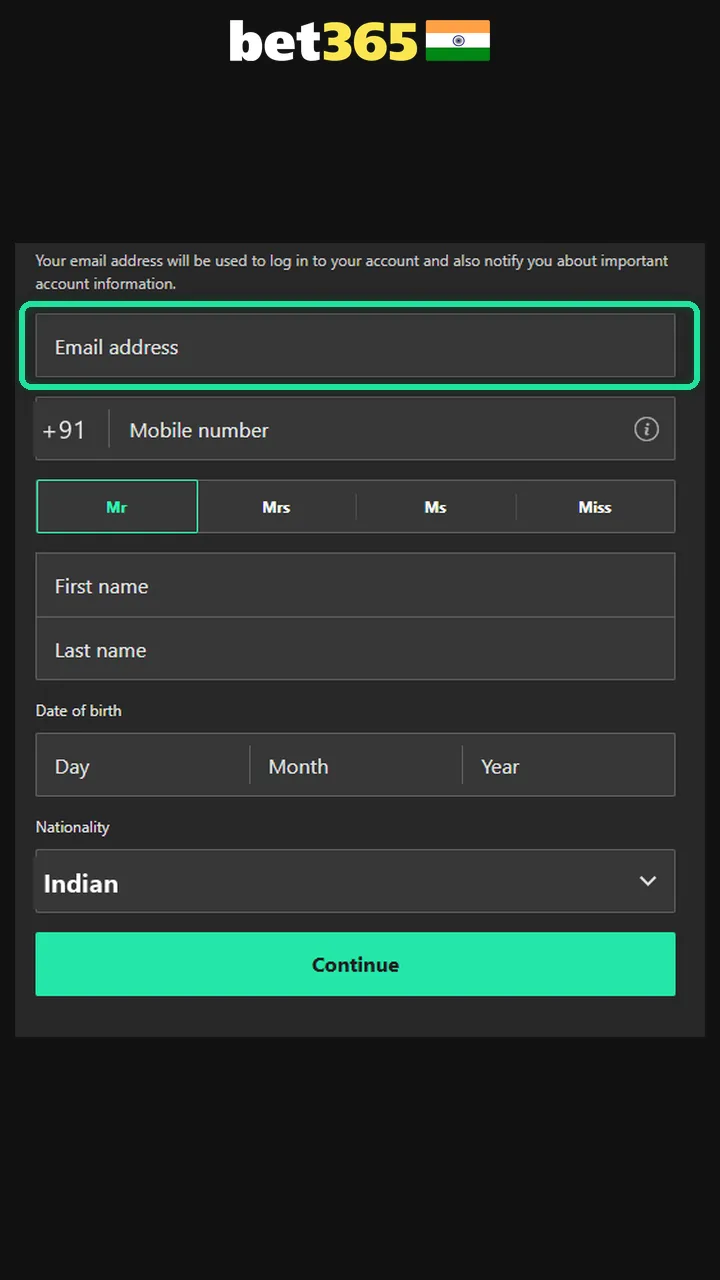 Open the Bet365 registration form to bet on football.