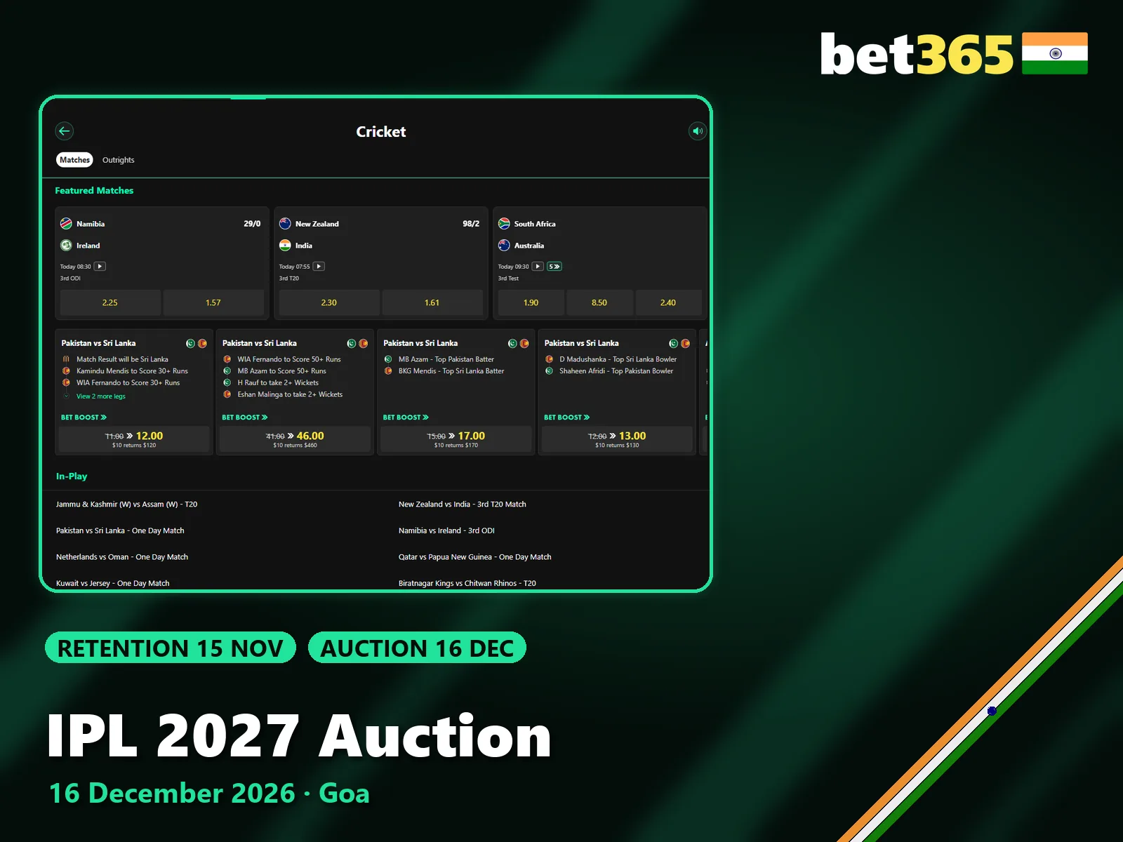 IPL 2027 auction on 16 December 2026 in Goa and cricket betting at Bet365.
