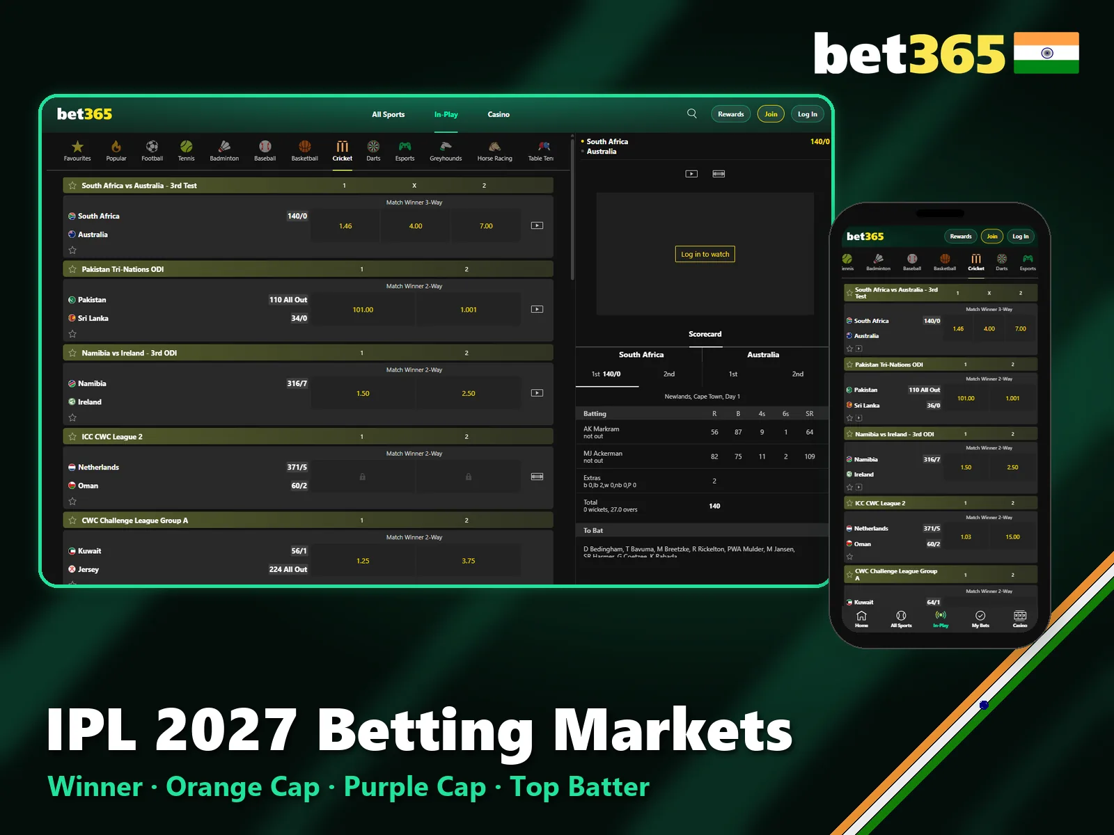 IPL 2027 betting markets at Bet365 India.