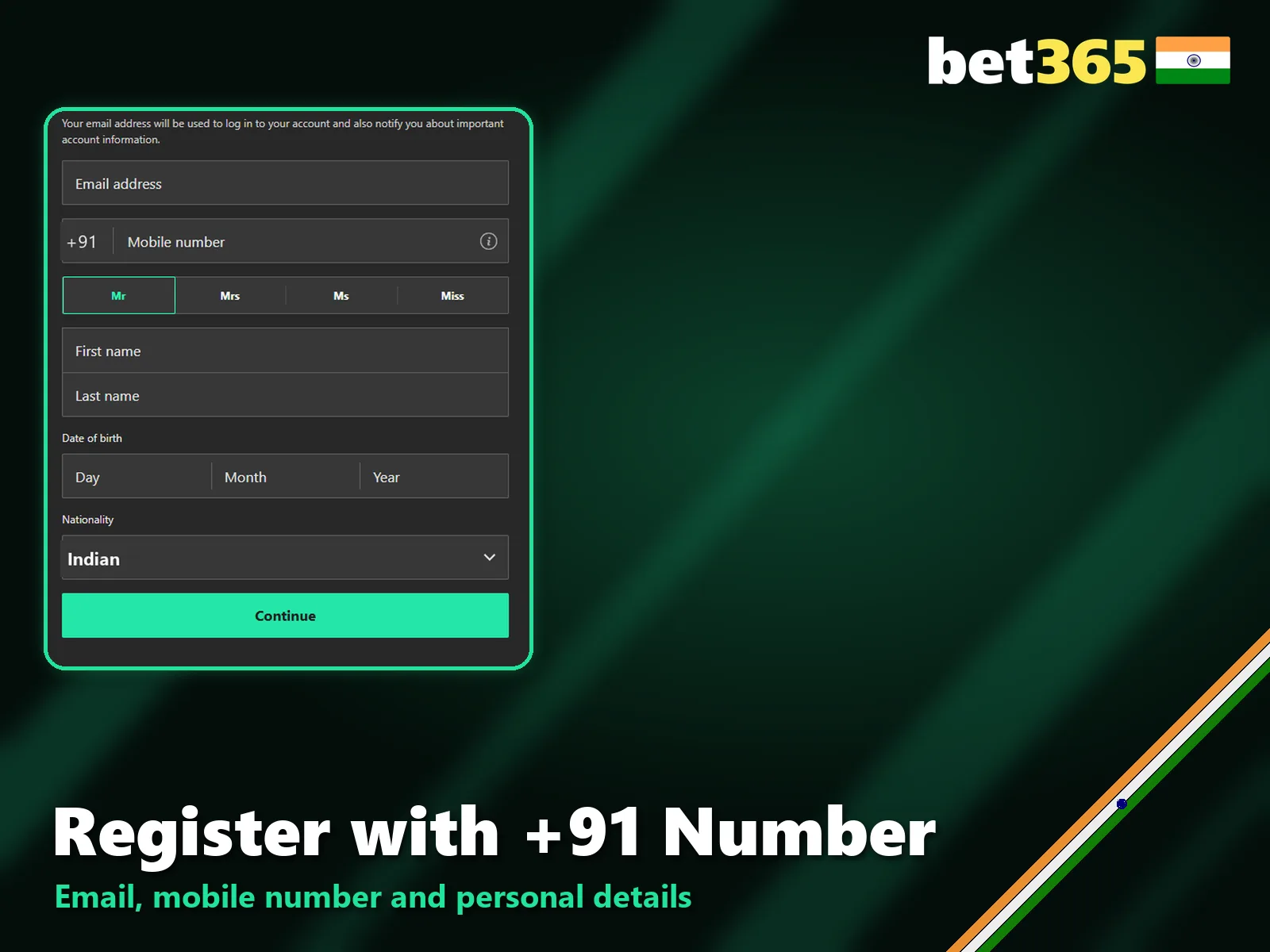 Bet365 registration form with an Indian +91 mobile number.
